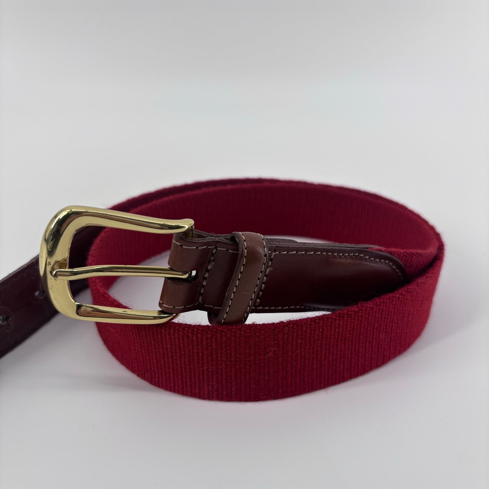 Torino Leather Trim Canvas Webbing Belt Mens 34 Burgundy Brass Buckle *FLAW